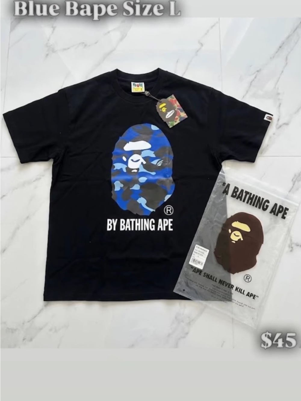 A Bathing Ape Black T‑Shirt with Blue Camo Size L